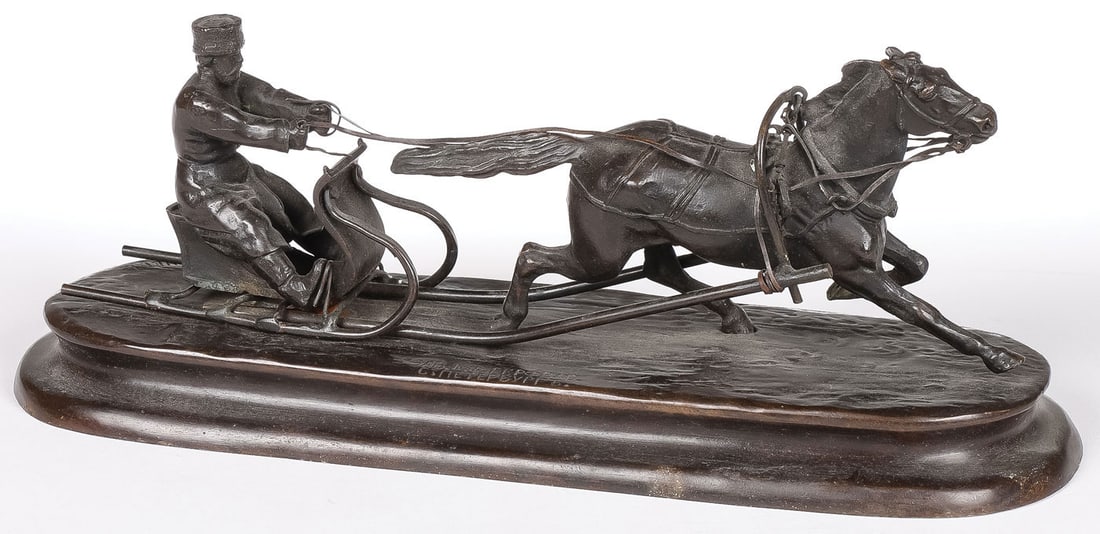 RUSSIAN BRONZE BY GRACHEV, 19TH C: Vasily Yakovlevich Grachev (Russian 1831-1905) A Single Horse Sleigh and Driver - circa 1880 A crisp bronze lifetime casting with dark brown patina Signed in Cyrillic GRACHEV and foundry mark C.F. Woe