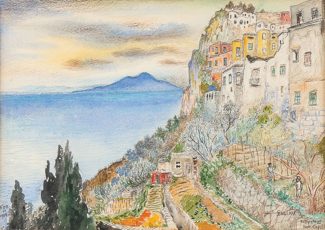 DAVID BURLIUK PAINTING OF CAPRI, 1954: David Davidovich Burliuk (Ukrainian 1882-1967) Vesuvius from Capri -1954 Watercolor Signed and titled lower right and dated lower left Feb 17, 1954 11 x 14.25 inches (28 x 36cm). Overall, including gl