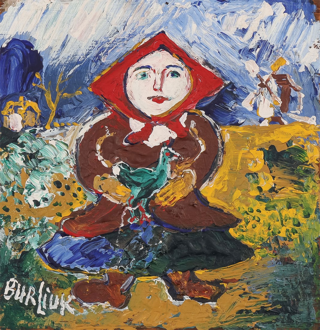 DAVID BURLIUK OIL PAINTING: David Davidovich Burliuk (Ukrainian 1882-1967) Village Girl Holding Chicken Oil on wood board Signed lower left 9 x 8.5 inches (23 x 21.5cm), unframed SHIPPING NOTICE: I