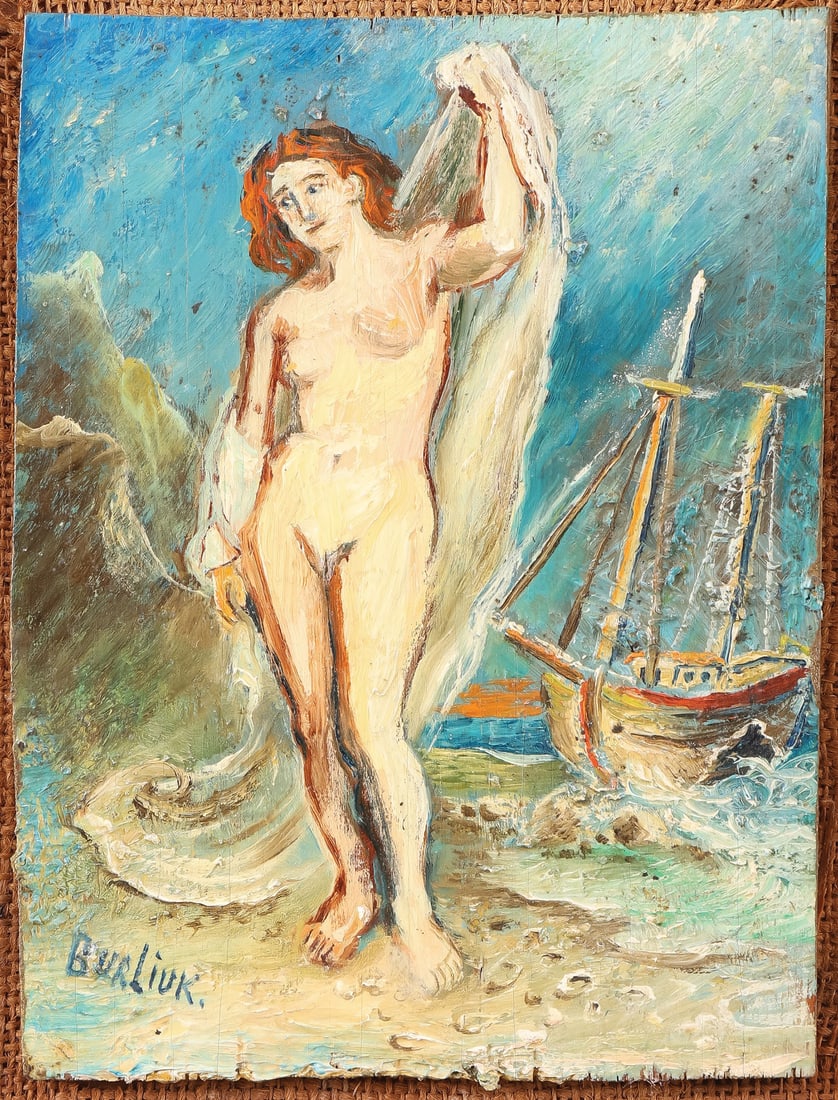 DAVID BURLIUK OIL NUDE: David Davidovich Burliuk (Ukrainian 1882-1967) Female Nude on Beach Oil on wood Signed lower left 8 x 6 inches (20 x 15cm). Overall, including frame, 15.25 x 12.25 inches (39 x 31cm)
