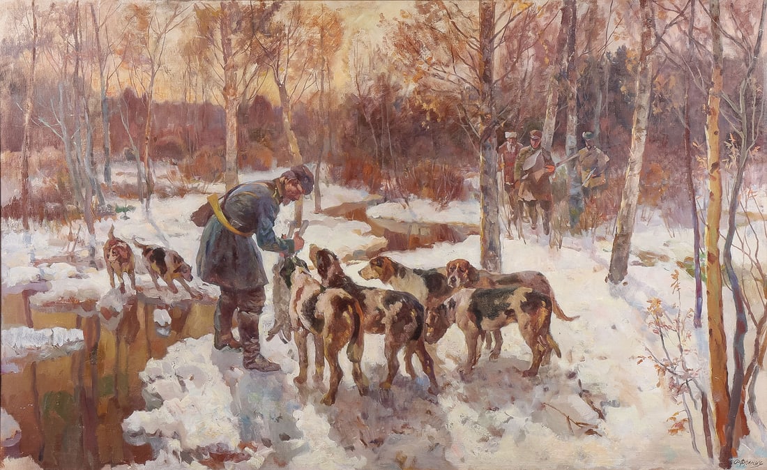 GREAT LARGE SIGNED RUSSIAN HUNT-SCENE: Rudolf Rudolforvich Frentz (Russian 1888 ? 1956) A Hunting Party in Snowy Woods Oil on canvas Signed lower right 37.75 x 60 inches (96 x 152.5cm). Overall, including frame, 44 x 66.75 inches (111.5 x 