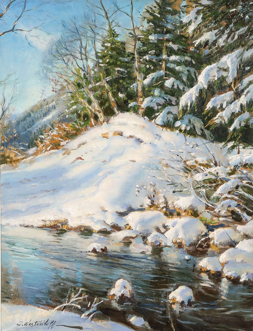 GREAT LARGE WESTCHILOFF OIL: Constantin Westchiloff (Russian/American 1877 ? 1945) Alpine Winter Stream Oil on canvas Signed lower left 34.25 x 26.25 inches (87 x 67cm). Overall, including frame, 41.25 x 33.25 inches (105 x 84cm)