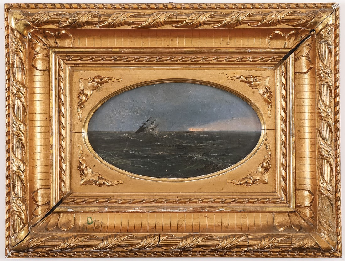 AIVAZOVSKY ATTRIBUTED SEASCAPE OIL PAINTING: Ivan Konstantinovich Aivazovsky (Russian 1817-1900) Sailing ship at Sunset Oil on canvas laid down Initialed lower right ?A' verso of frame inscribed in Russian I.K Aivazovsky 4.5 x 8.1 inches (11.5 x