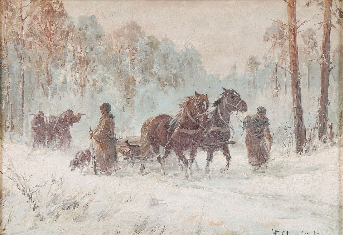 GOOD SIGNED POLISH HUNT SCENE: Wladyslaw Chmielinski (Polish 1911-1979) Winter Hunting Painting Oil on board Signed lower right in Polish 8.75 x 12.75 inches (22.3 x 32.4cm) Overall, including frame, 14.5 x 18.5 inches (36.8 x 47cm
