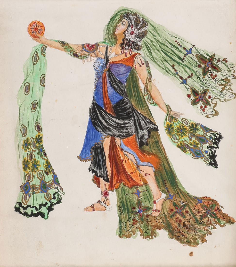 BALLET RUSSE COSTUME DESIGN, C. 1910: Attributed to Leon Nikolaivich Bakst (Russian 1866-1924) A Costume Design for the Ballet Cleopatra Watercolor, gouache, and gold highlighting on paper Perhaps indistinctly signed lower right and