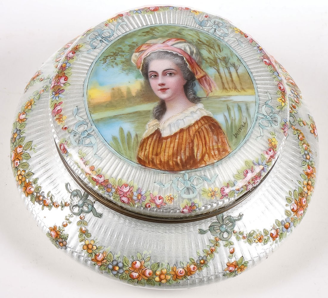 GREAT SIGNED LIMOGES ENAMEL DRESSER BOX: GREAT SIGNED LIMOGES ENAMEL DRESSER BOX. Comprising a very fine artist-signed French Limoges enamelled dresser box, circa 1900. The hinged lid with painted enamel bust of a young beauty in a summer la