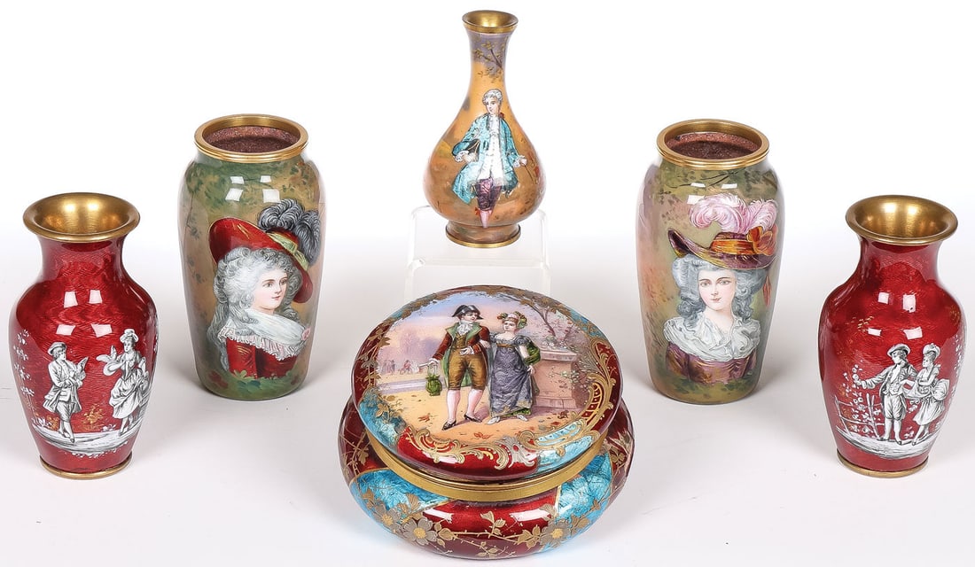 FRENCH LIMOGES ENAMEL VASES & BOX (1 of 4)