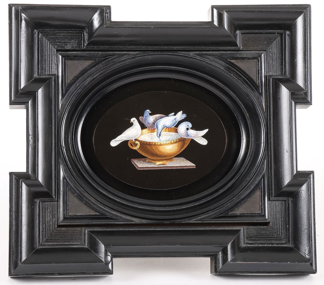 FINE ITALIAN MICRO MOSAIC PLAQUE, 19TH C: FINE ITALIAN MICRO MOSAIC PLAQUE, 19TH C. Comprising a very fine Italian micro mosaic plaque of the "Doves of Pliny", Vatican workshop, 19th century. Contained in a substantial ebonized wood frame wit