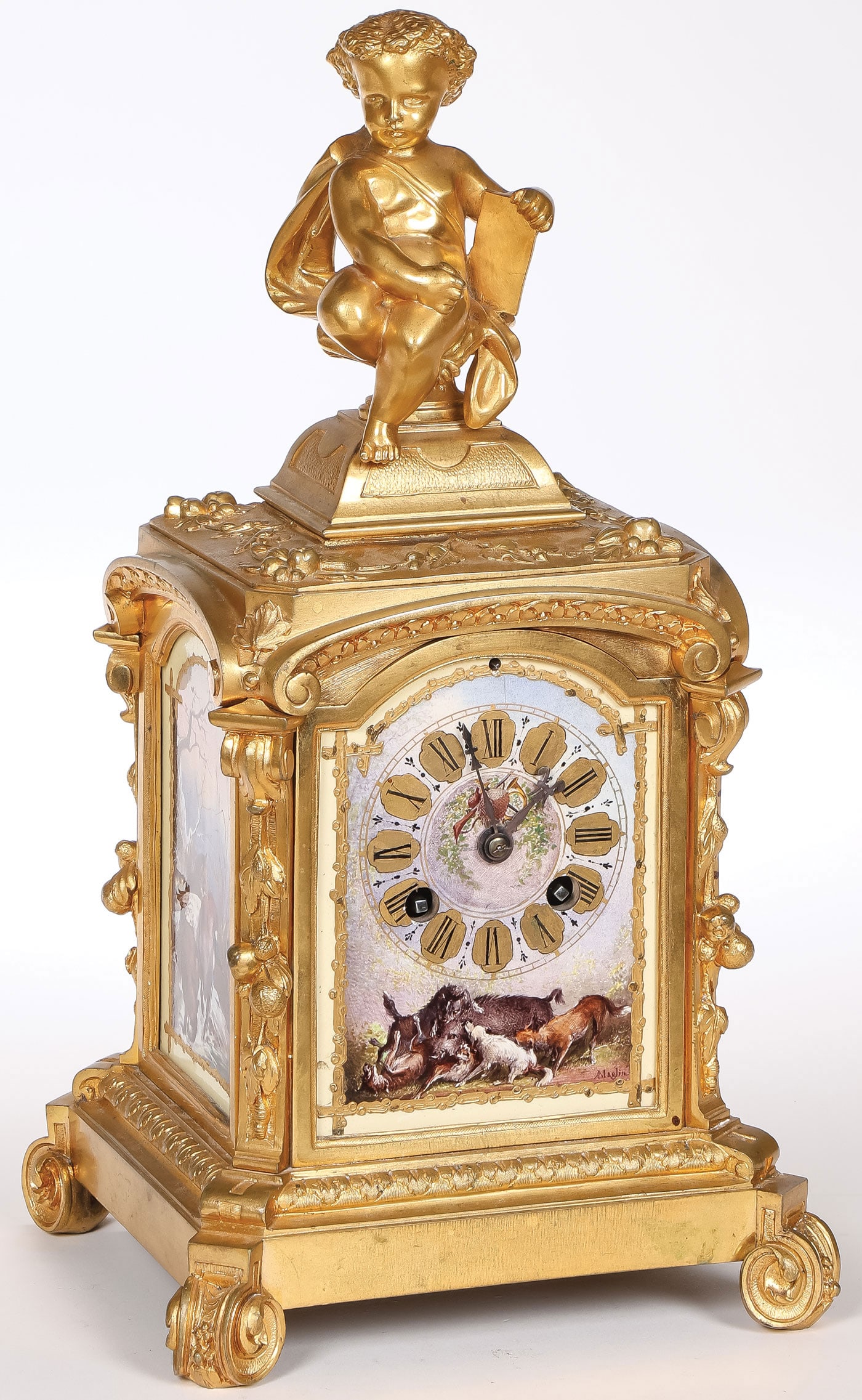 FRENCH GILT BRONZE HUNT MANTLE CLOCK, 19TH C (1 of 7)