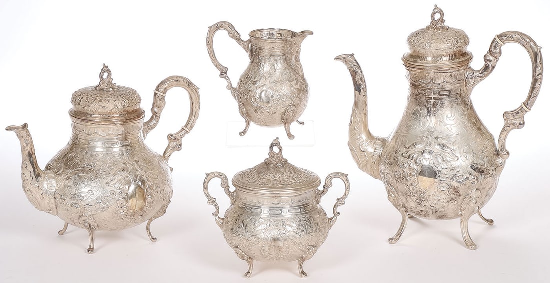 4 PIECE .800 SILVER TEA SERVICE, C. 1900 (1 of 3)