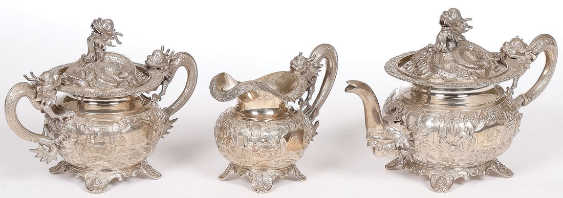 CHINESE EXPORT SILVER DRAGON TEA SERVICE (1 of 4)