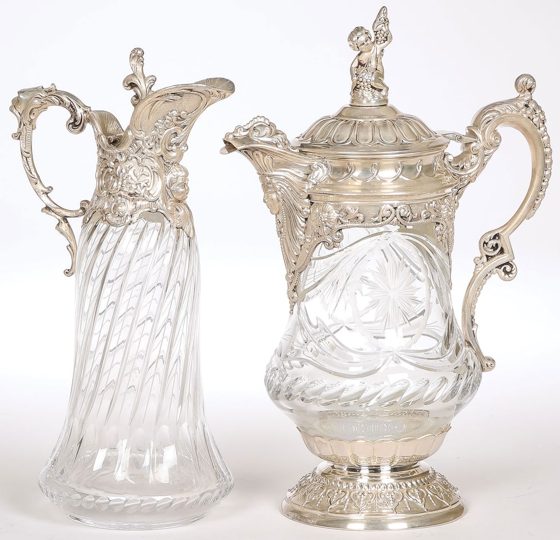 2 IMPRESSIVE SILVER MOUNTED CLARET JUGS, C. 1890 (1 of 5)