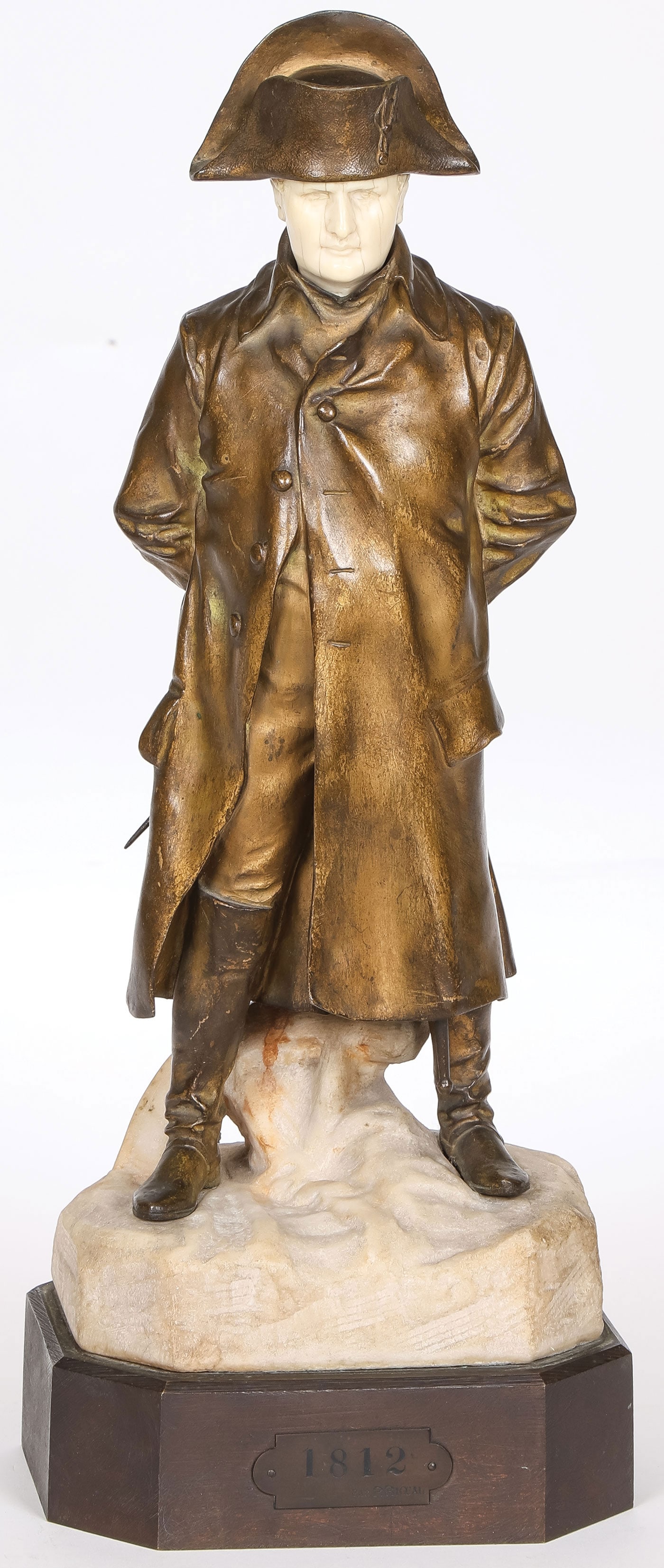 VERY FINE FRENCH GILT BRONZE NAPOLEON, 19th C: VERY FINE FRENCH GILT BRONZE NAPOLEON, 19th C. Comprising a finely sculpted gilt-bronze figure of a standing Napoleon holding a swagger stick behind him and with his face finely rendered in carved . S