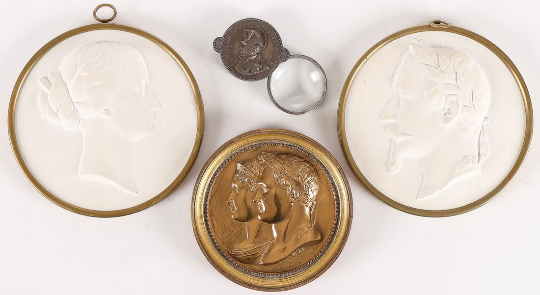 NAPOLEONIC FRENCH PLAQUES & MORE: NAPOLEONIC FRENCH PLAQUES & MORE. Comprising a gilt bronze plaque of Napoleon and Marie-Louise, signed on shoulder Andrieu Fecit, contained in a gilt wood frame, diameter 6 inches (15.2cm), as well as