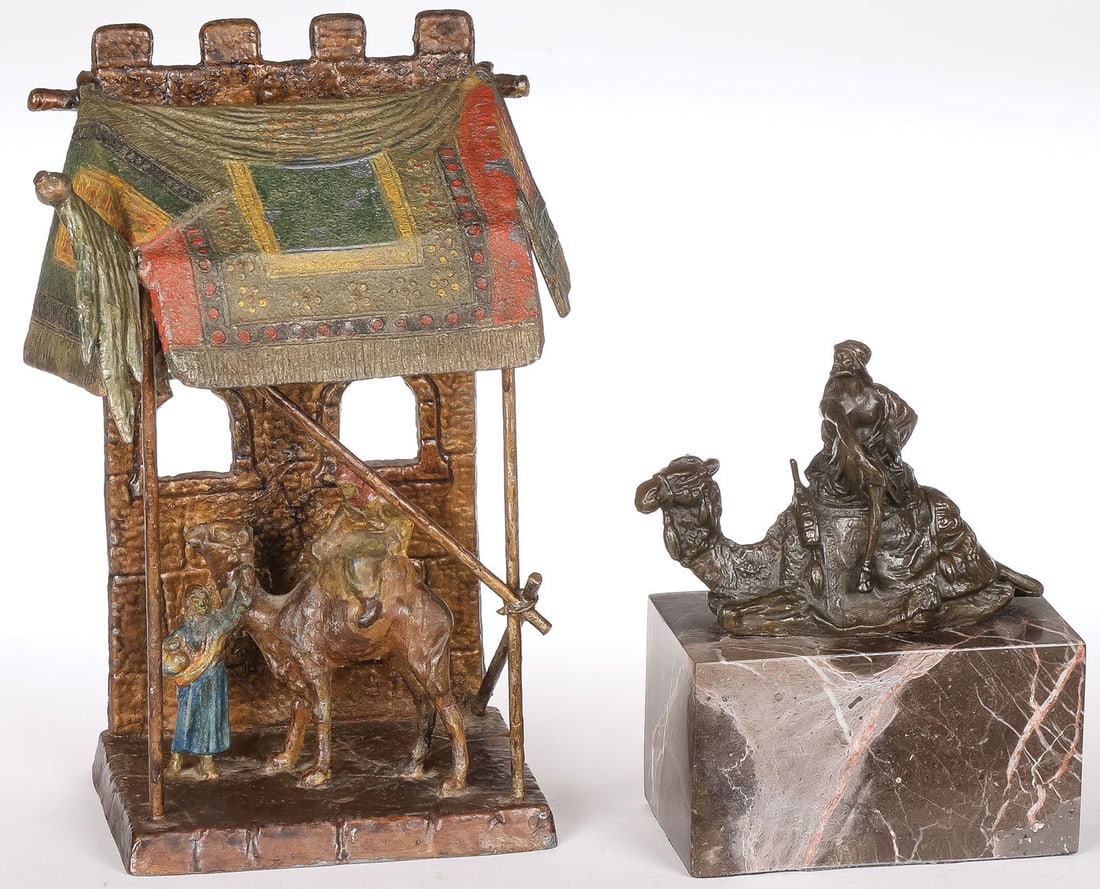AUSTRIAN BERGMAN BRONZE & PAINTED LAMP: AUSTRIAN BERGMAN BRONZE & PAINTED LAMP. Comprising a good patinated bronze of an Arab on a seated camel signed on verso Bergman and resting on a polished marble plinth. Overall height 6.2 inches (15.5