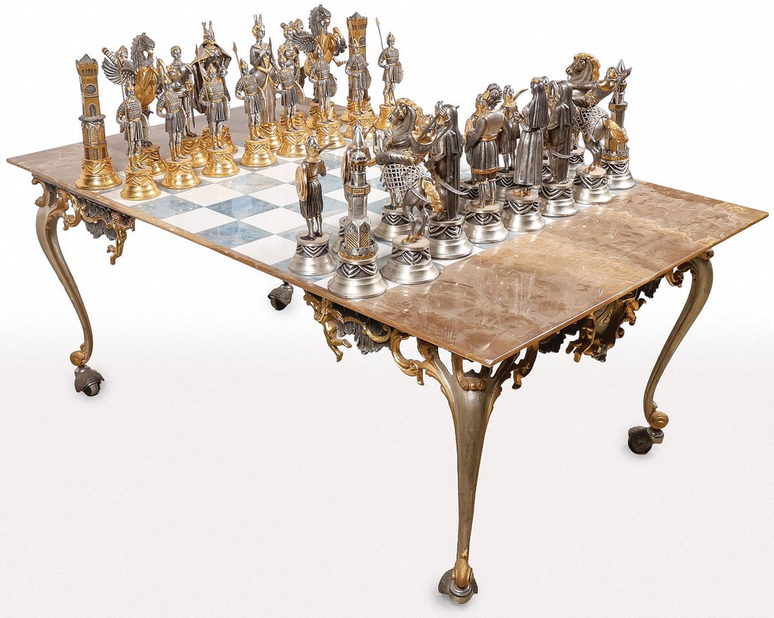 IMPRESSIVE SILVERED & GILDED CHESS SET & TABLE (1 of 3)