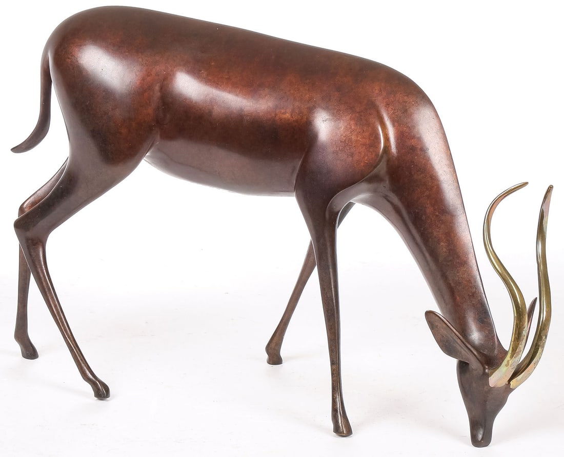 SIGNED MODERNIST DUTCH BRONZE: Leot Vanderveen (Dutch 1921-2015) Antelope Bronze with reddish brown patina Signed "LOET ? 130/250" on underside Greatest height 7.75 inches (19.7cm), greatest length 11.5 inches (29.2cm) SHIPPING