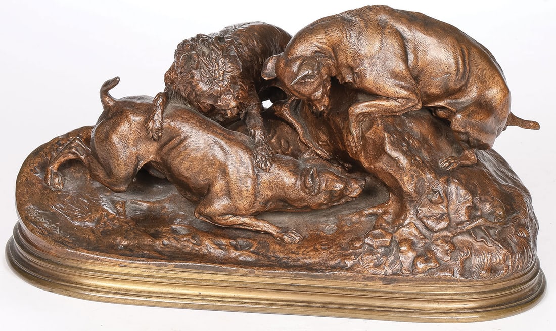 GOOD FRENCH BRONZE, P.J. MENE: Pierre-Jules Mene (French 1810 ? 1879) Chasse Au Lapin Bronze with dark brown patina Signed on base P.J. Mene Height 8 inches (20.3cm), length 14.8 inches (38cm) SHIPPING NOTICE: If you are not using