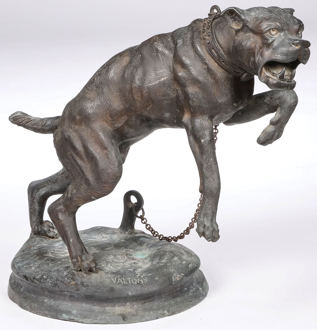 LARGE CHARLES VALTON GARDEN SCULPTURE: Charles Valton (French 1851-1918) Chained Mastiff Zinc Signed on base VALTON Height 22.75 inches (58cm) SHIPPING NOTICE: If you are not using the Live Auctioneers Live Ship program, Jackson?s is