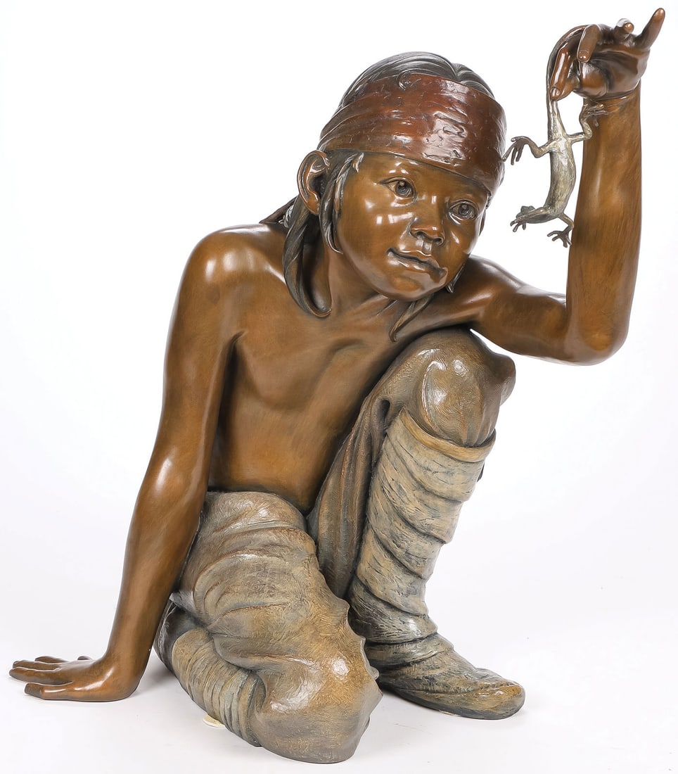 GREAT ED HVALKA BRONZE: GREAT ED HVALKA BRONZE. Comprising a charming half-life-size patinated and polychromed bronze figure of a young Navajo boy examining a lizard, titled "Curiosity," by noted American sculptor Edward E.