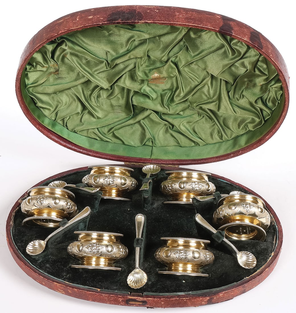 ORNATE CASED SILVER GILT MASTER SALTS, ELKINGTON (1 of 7)