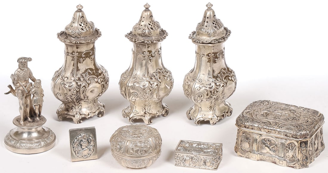 GOOD GROUP OF VINTAGE SILVER, C. 1880-1900: GOOD GROUP OF VINTAGE SILVER, C. 1880-1900. Comprising 8 individual pieces including a set of three matching Rococo-style shakers stamped STERLING and with Gorham marks, a heavy ornate silver