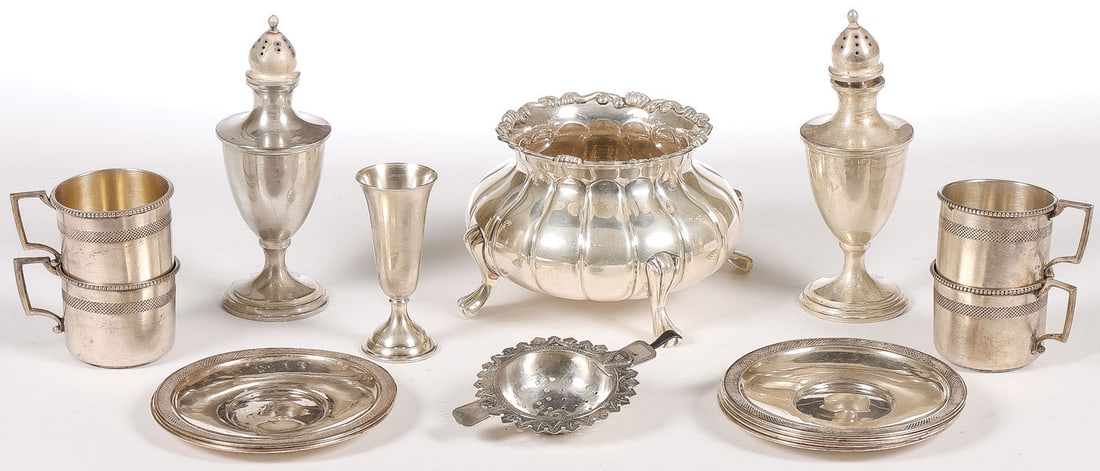 INTERESTING MIXED VINTAGE SILVER LOT: INTERESTING MIXED VINTAGE SILVER LOT. Comprising 15 individual silver pieces, including a Japanese export STERLING-marked footed sugar bowl, a matching pair of STERLING-marked S. Kirk & Sons salt and 