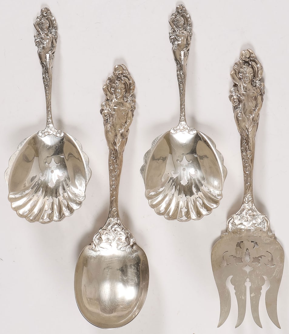 4 PCS HEAVY REED & BARTON STERLING, C. 1899: 4 PCS HEAVY REED & BARTON STERLING, C. 1899. Comprising four good, heavy, ornate pieces of Reed & Barton sterling "Love Disarmed" serving ware, including a matching ornate Art Nouveau salad set and