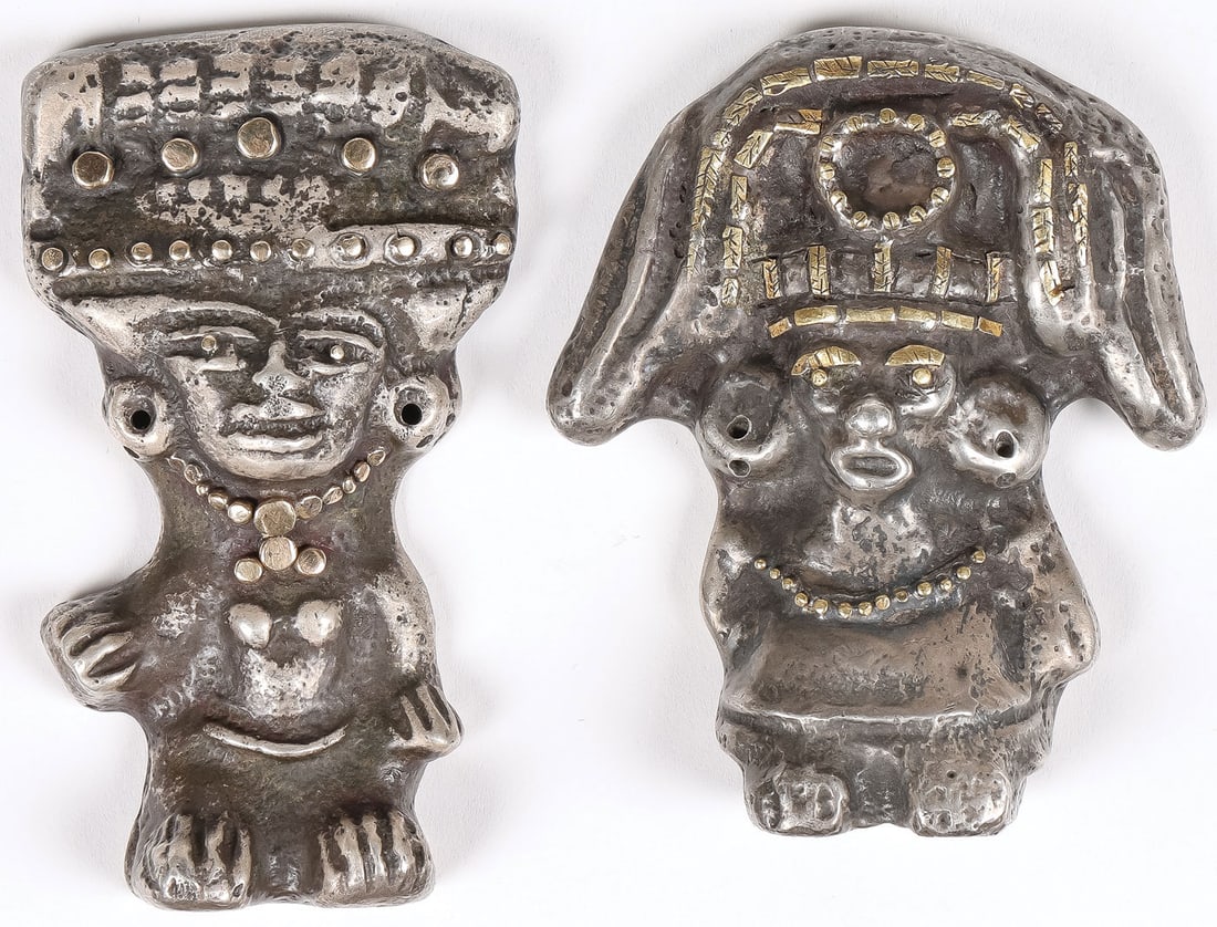 PAIR OF SILVER & GOLD MAYAN FIGURES: PAIR OF SILVER & GOLD MAYAN FIGURES. Comprising a pair of contemporary .925 silver and gold-highlighted Mayan-style figures, inscribed on verso "Winter", dated '75 and .925. Greatest length 3 inches