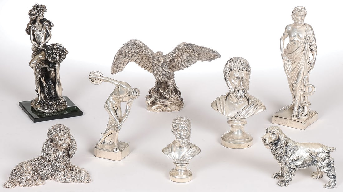 8 PIECE SILVER SCULPTURE GROUP: 8 PIECE SILVER SCULPTURE GROUP. Comprising 8 individual pieces, including two weighted silver busts of the Greek philosopher Sophocles, each stamped SILVER .999. Together with a weighted full-length