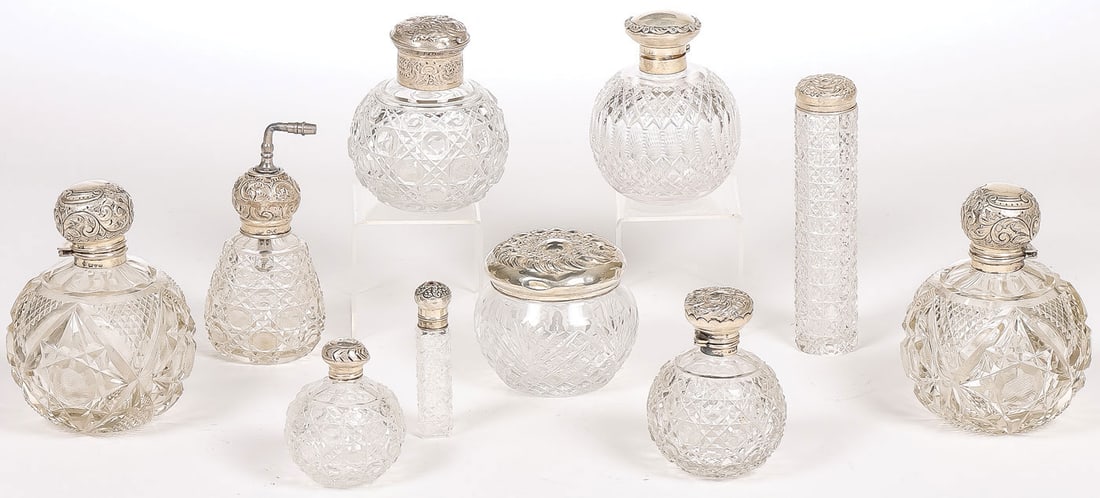 ENGLISH SILVER MOUNTED CUT GLASS DRESSER WARES (1 of 2)