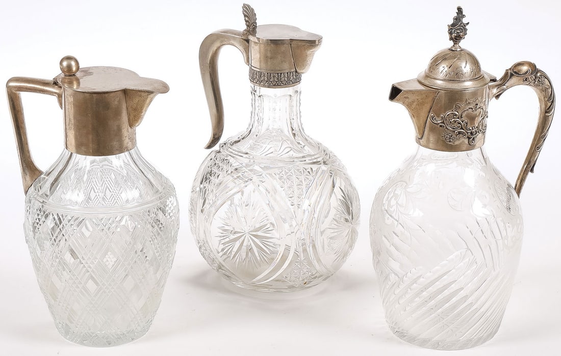 3 SILVER MOUNTED GLASS WINE CARAFES (1 of 2)