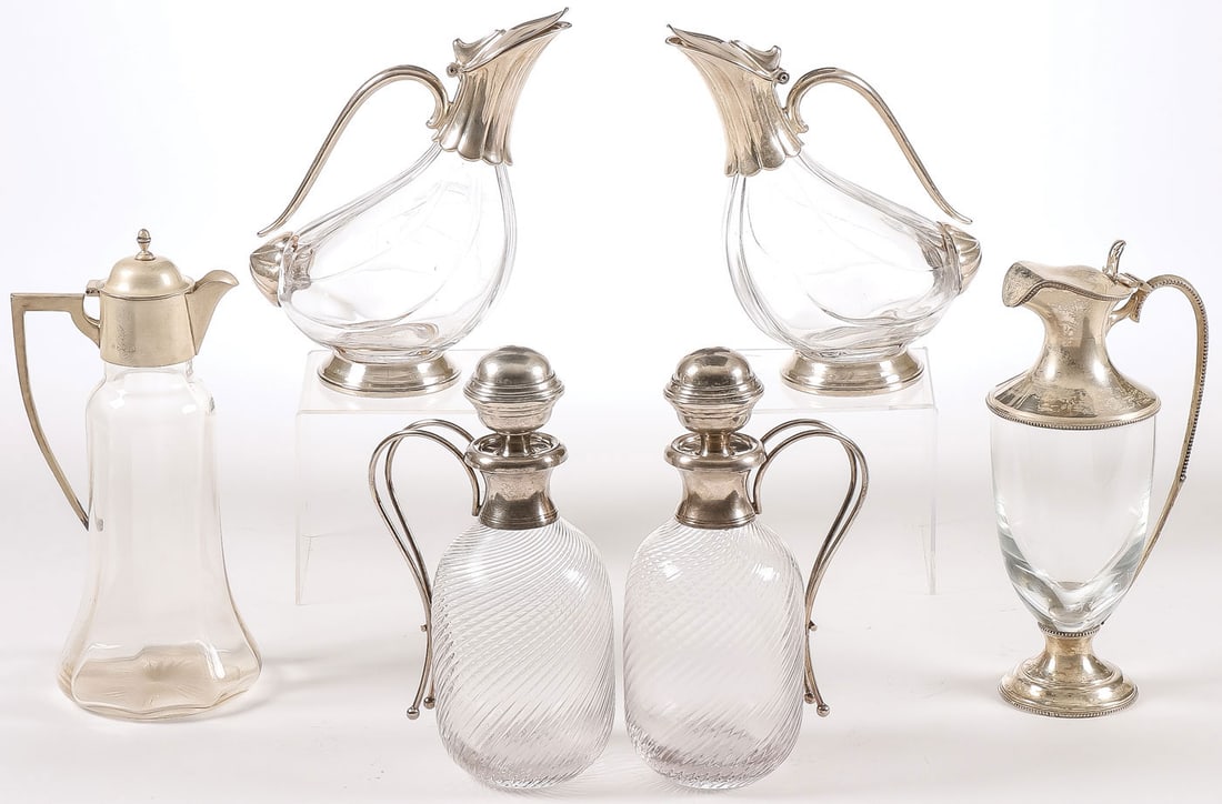 SIX SILVER & PLATED CRYSTAL CLARET JUGS (1 of 3)