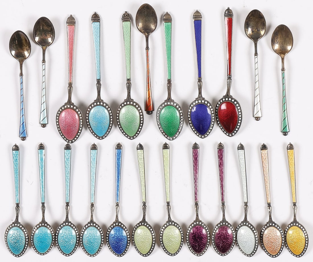 SCANDINAVIAN SILVER AND ENAMEL SPOONS: SCANDINAVIAN SILVER AND ENAMEL SPOONS. Comprising three sets of silver and enamel demitasse spoons. Including a matching group of 12 with varicolored translucent enamel bowls over a guilloche ground a