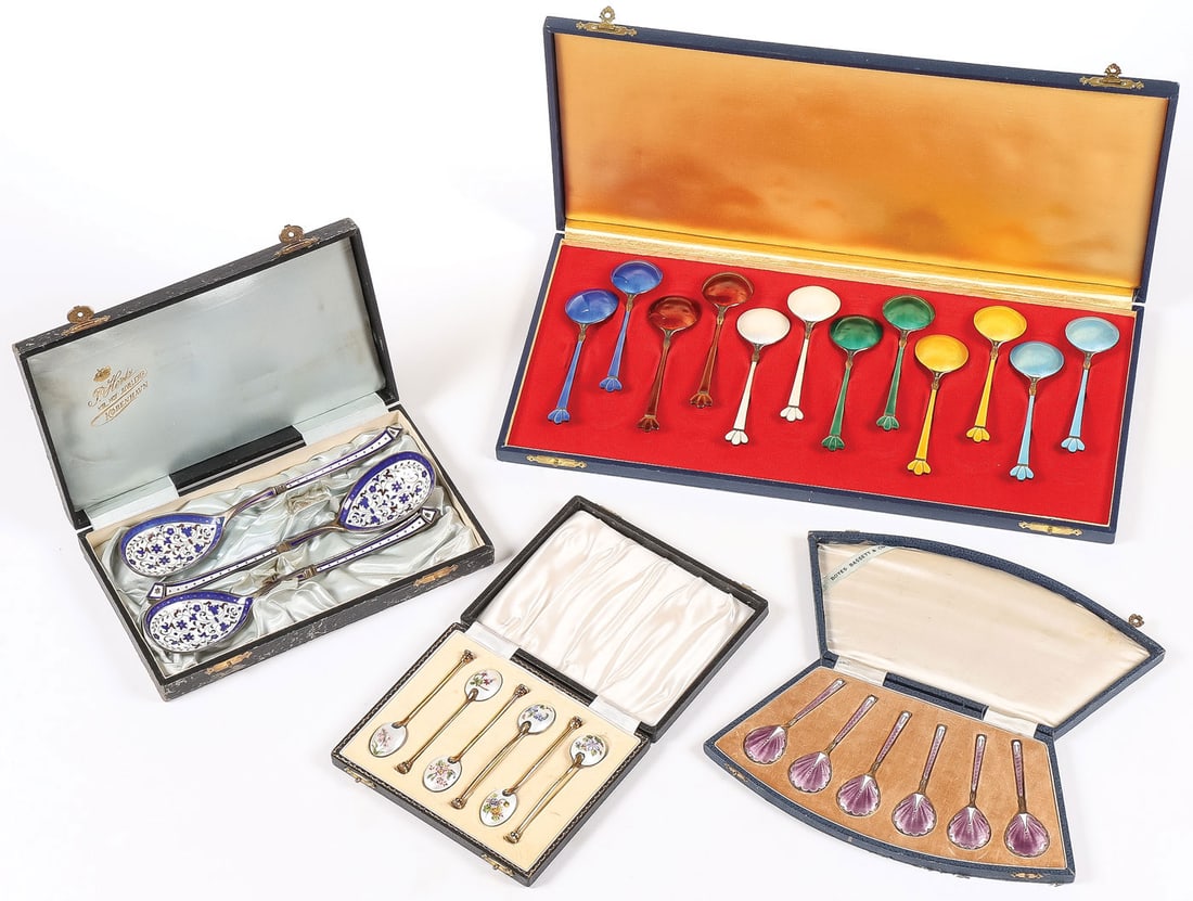 4 SETS OF CASED VINTAGE ENAMELED SPOONS (1 of 7)