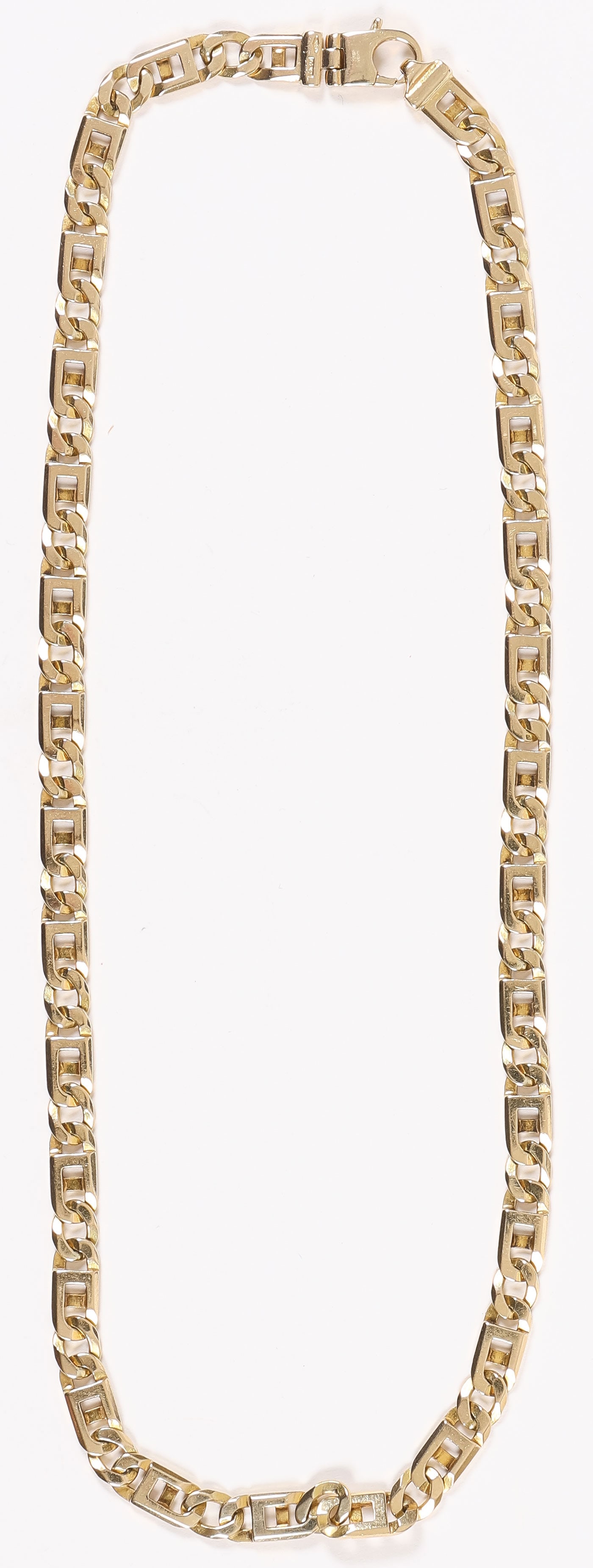 HEAVY 14K GOLD NECKLACE: HEAVY 14K GOLD NECKLACE. Comprising a heavy 14KT gold men's necklace, the clasp marked 14K and indistinguishable maker's mark. Length 20 inches, total weight 47 grams. SHIPPING NOTICE: If you are not
