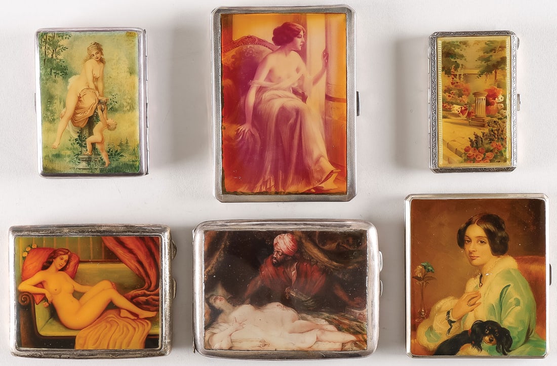 SIX SILVER VINTAGE DECORATED CIGARETTE CASES: SIX SILVER VINTAGE DECORATED CIGARETTE CASES. Comprising six individual cigarette cases, each of rectangular form with rounded corners, and four with hand-painted scenes inset on hinged cover includin