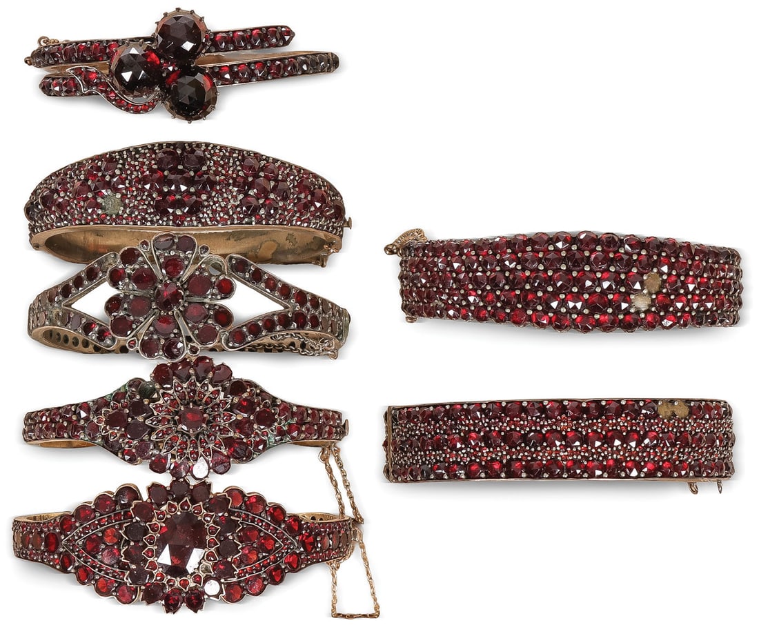GREAT VINTAGE GARNET BRACELET GROUP: GREAT VINTAGE GARNET BRACELET GROUP. Comprising seven individual very fine garnet-decorated bracelets, probably Bohemia, circa 1890, each hinged and each mounted with a profusion of cut garnets of var