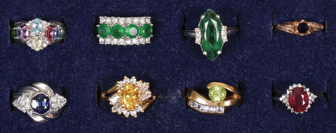 8 GOLD AND SILVER LADIES RINGS: 8 GOLD AND SILVER LADIES RINGS. Comprising a group of eight ladies' gem-set or semi-precious stone-set .925 silver or 10K?14K gold rings as shown, of various sizes and configurations. A good offering.