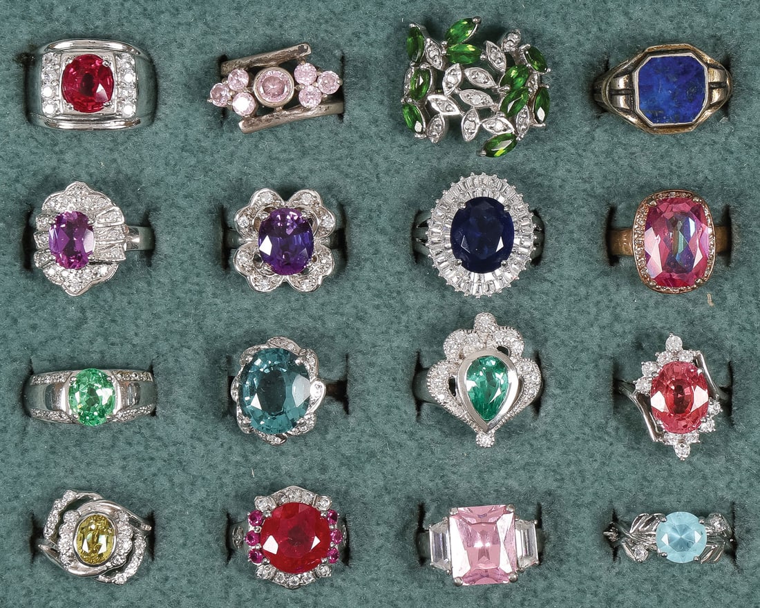 16 SILVER & GEM SET LADIES RINGS: 16 SILVER & GEM SET LADIES RINGS. Comprising a good variety of sixteen .925 silver-mounted ladies' rings with semi-precious or precious gemstones as shown, of various sizes and configurations. A good 