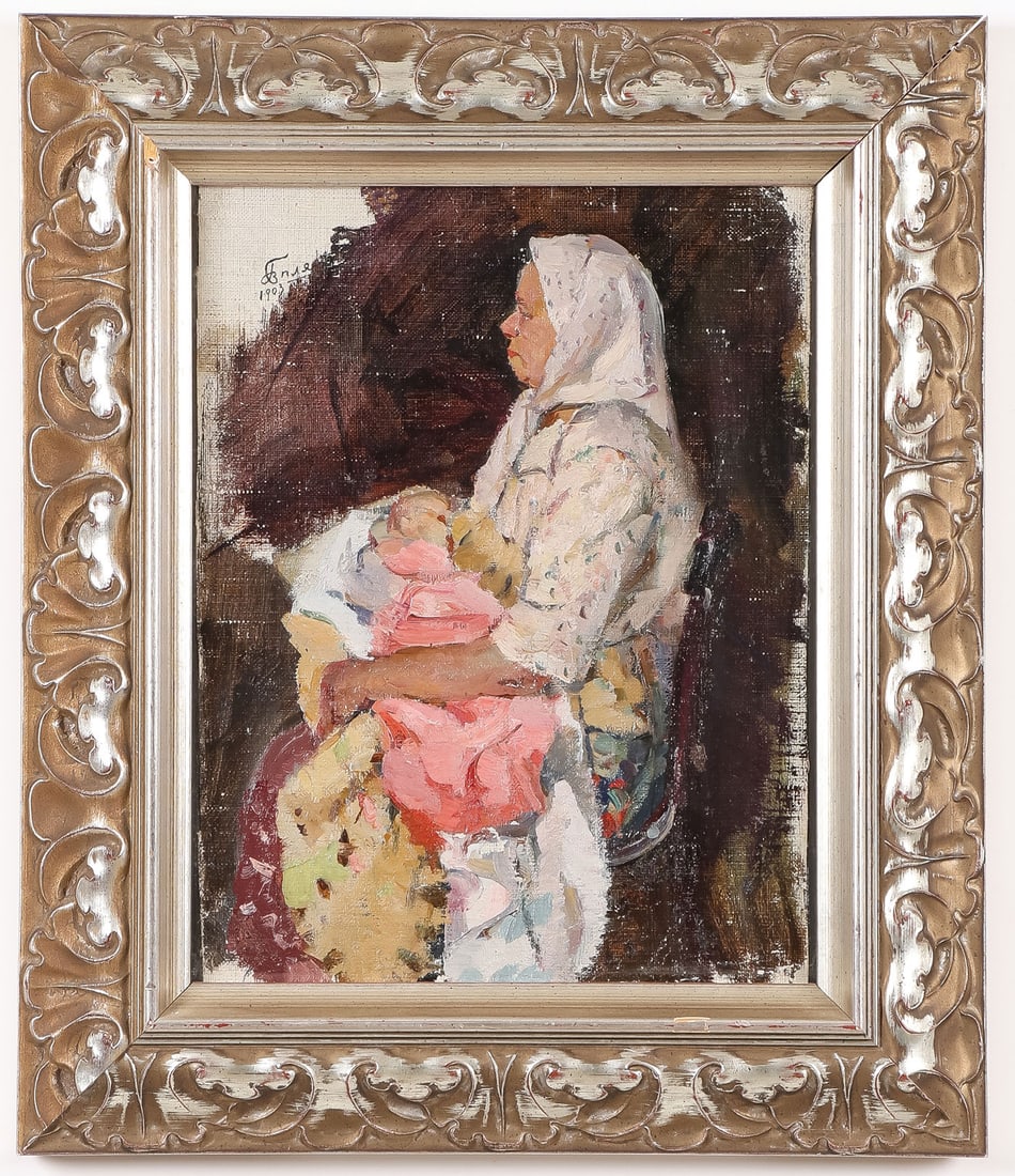PAIR OF RUSSIAN SIGNED PAINTINGS: PAIR OF RUSSIAN SIGNED PAINTINGS. Comprising a pair of oil on canvas paintings or sketches, one depicting a Babushka holding a baby, bears indistinct Cyrillic signature upper left and dated 1903, size