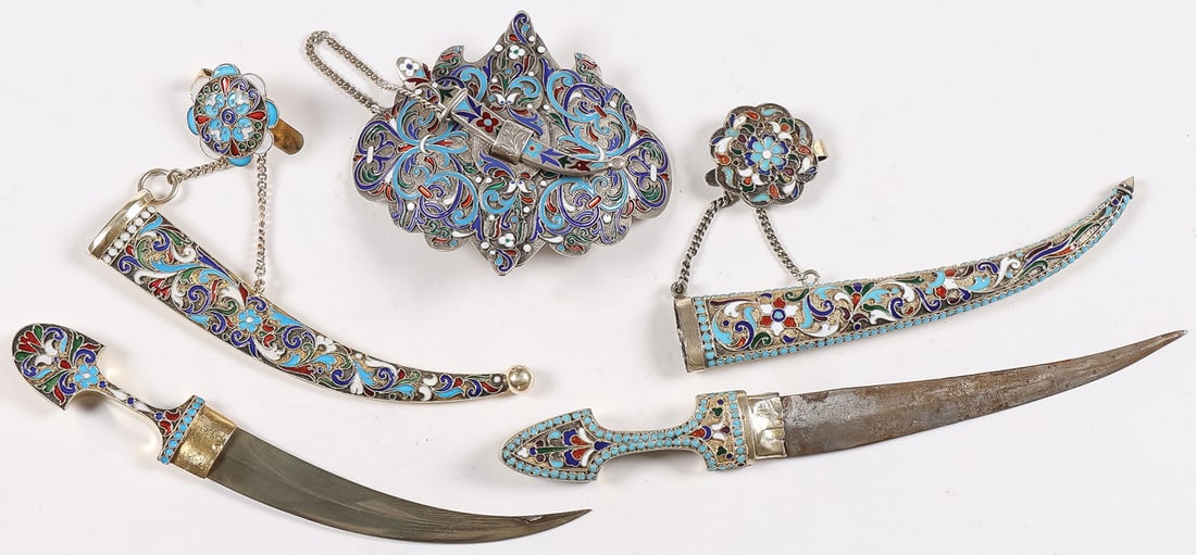 RUSSIAN CAUCASUS SILVER & ENAMEL, C. 1890: RUSSIAN CAUCASUS SILVER & ENAMEL, C. 1890. Comprising three vintage Russian silver and cloisonne enamel items, including a belt buckle with dagger latch, and two kindal or dagger-form brooch clips.