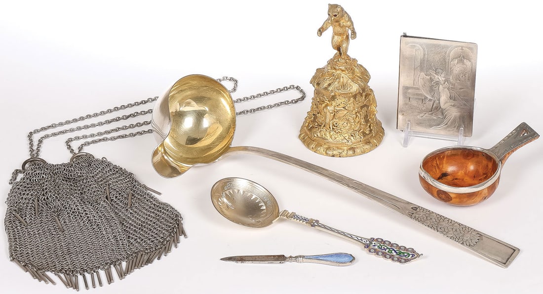 VINTAGE RUSSIAN & SCANDINAVIAN SILVER: VINTAGE RUSSIAN & SCANDINAVIAN SILVER. Comprising seven individual pieces including a good Russian engraved silver notebook, the hinged cover engraved with Tamara and the Demon after the painting by