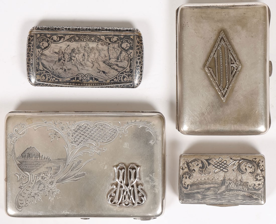 RUSSIAN & EUROPEAN SILVER BOXES, 19TH C: RUSSIAN & EUROPEAN SILVER BOXES, 19TH C. Comprising silver boxes and cases, clockwise from upper left they include a French silver and niello snuff box, the hinged lid with hunt scene and overall