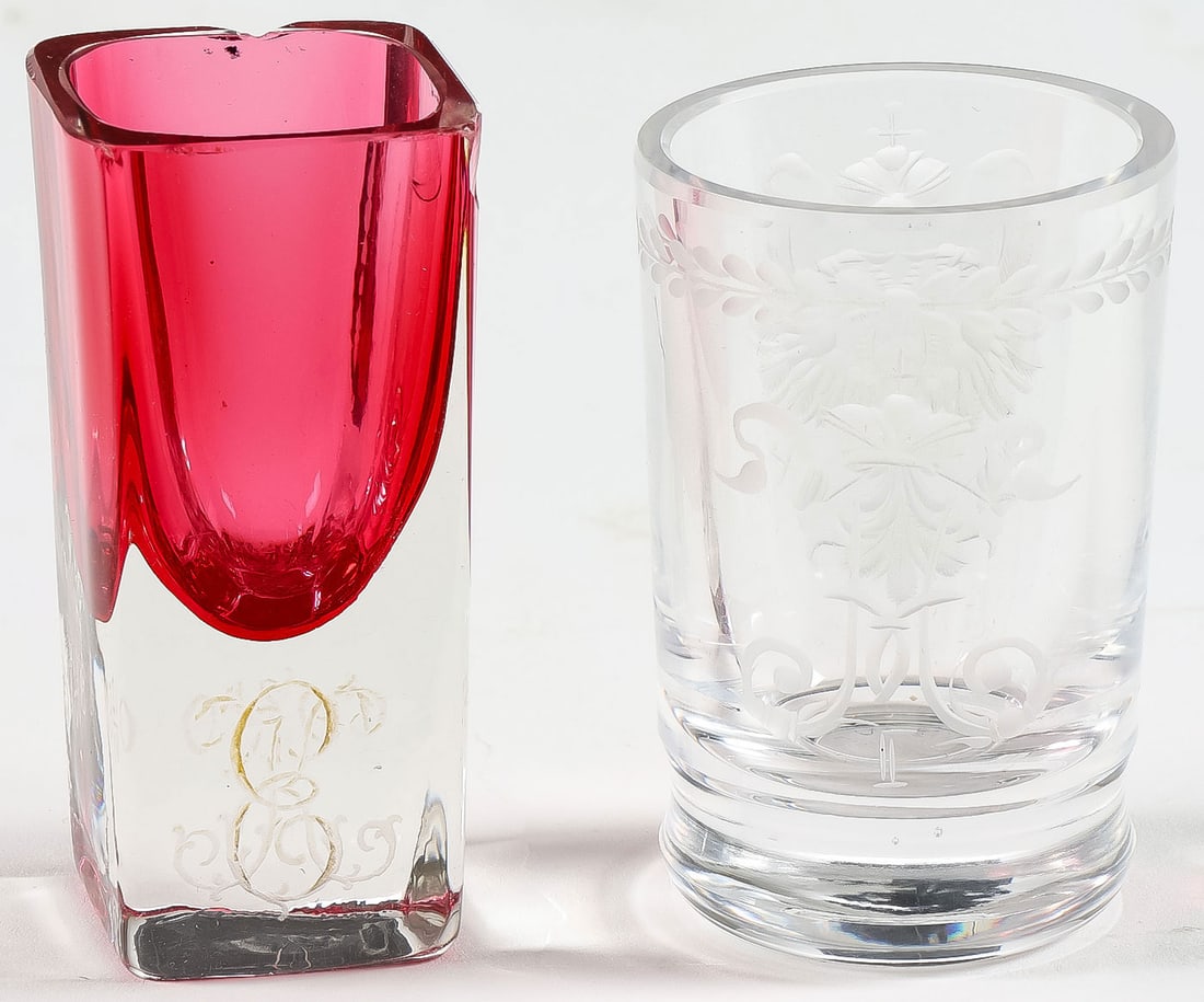 TSAR NICHOLAS I IMPERIAL RUSSIAN GLASS: TSAR NICHOLAS I IMPERIAL RUSSIAN GLASS. Comprising a very rare clear crystal shot glass engraved with the crowned cipher of Tsar Nicholas I (1796?1855) beneath a laurel banner, and on the opposite
