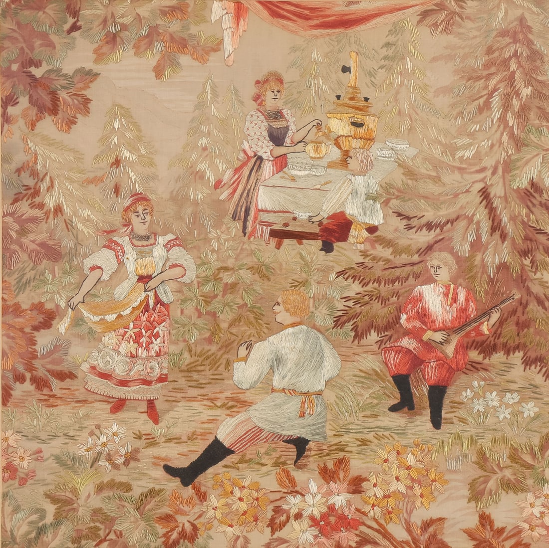 CHARMING RUSSIAN EMBROIDERED SILK PANEL, C.1900 (1 of 2)