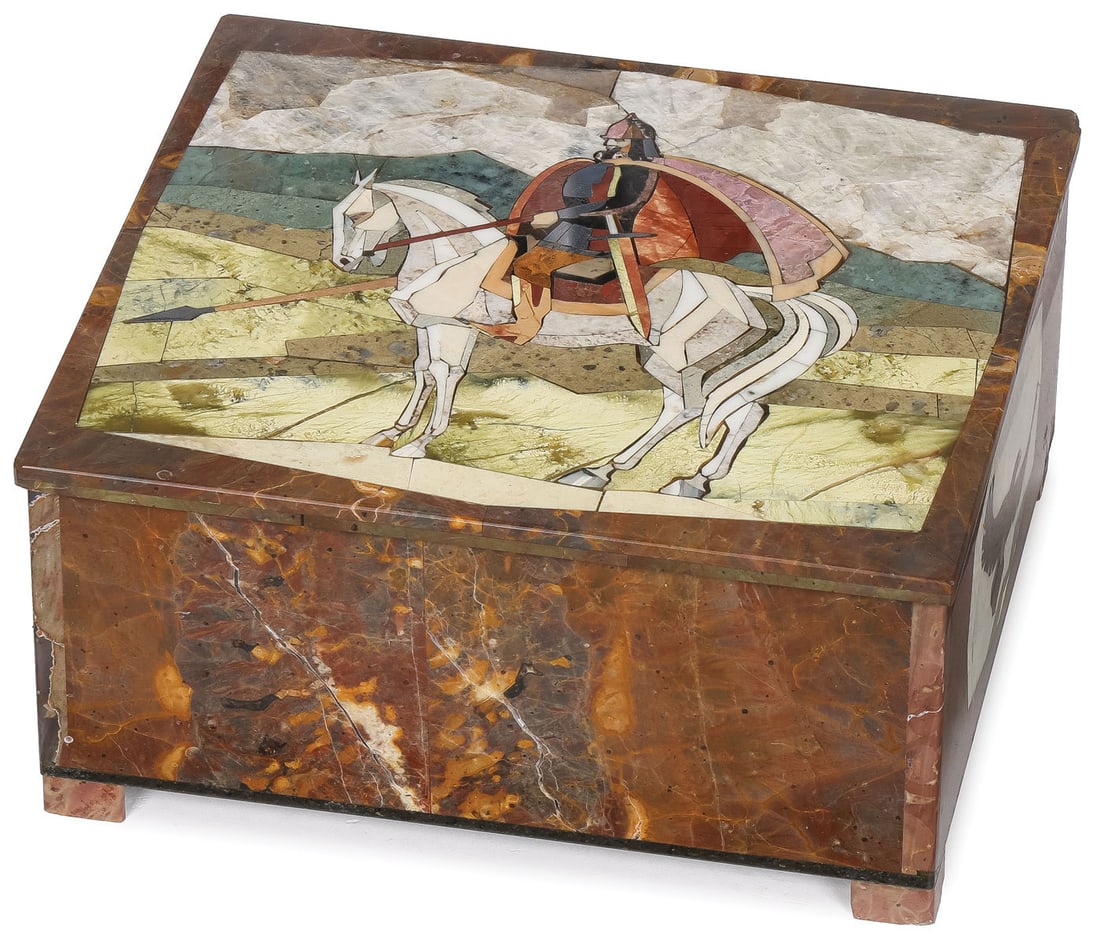 RUSSIAN PIETRA DURA LIDDED BOX: RUSSIAN PIETRA DURA LIDDED BOX. Resting on four bracket feet, the fitted lid with finely inlaid hardstone figure of a mounted Bogatyr in an expansive landscape. The sides inlaid with soaring eagles.