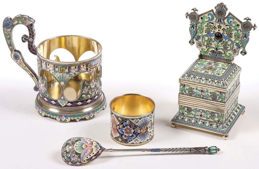 PAIR OF RUSSIAN SILVER & ENAMEL OBJECTS: PAIR OF RUSSIAN SILVER & ENAMEL OBJECTS. Comprising a finely crafted silver-gilt and cloisonne enamel two-piece salt throne. Resting on ball feet, and the backrest set with a red cabochon. Bearing hal