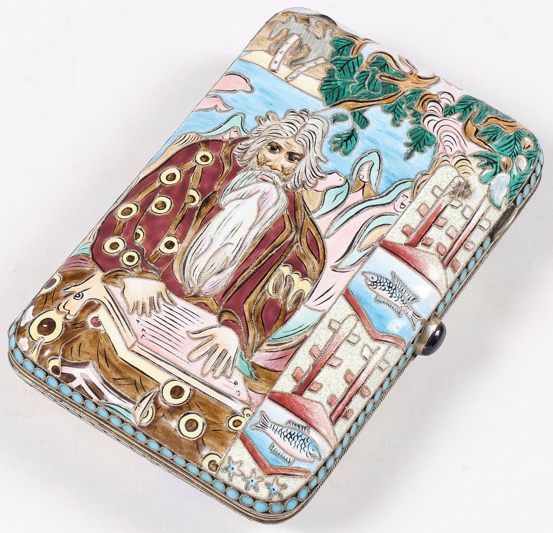 RUSSIAN SILVER-GILT & ENAMEL CIGARETTE CASE: RUSSIAN SILVER-GILT & ENAMEL CIGARETTE CASE. The entire body on both sides in shaded enamel, the front of hinged lid depicting Sadko playing lute and the verso with foliage and fish, and with a