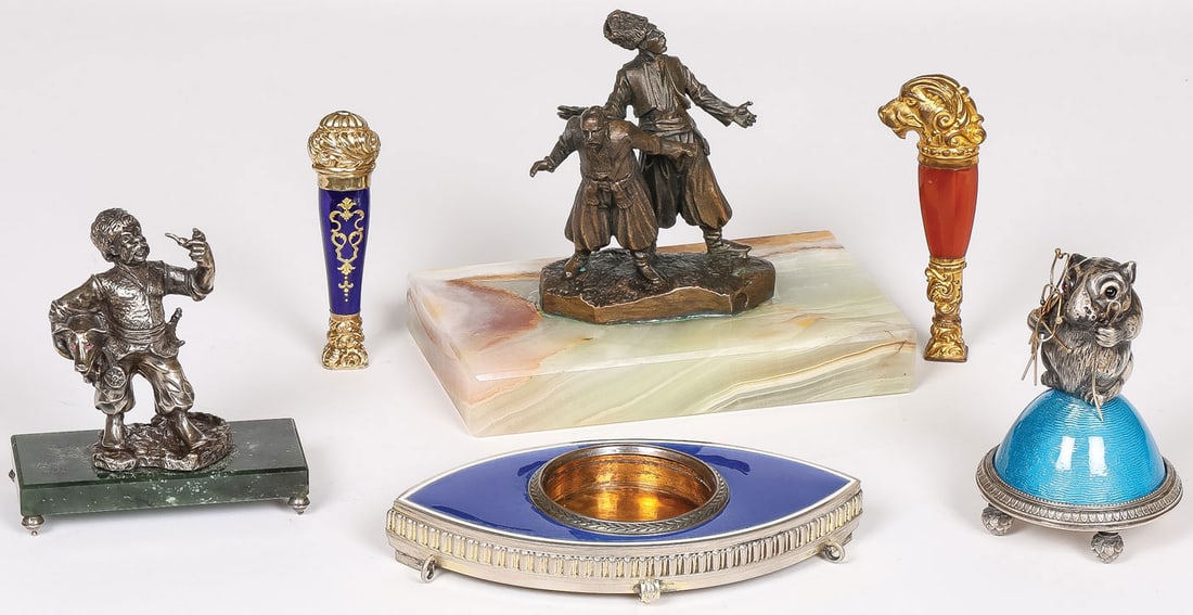 RUSSIAN, SWISS AND FRENCH DECORATIVE ARTS: RUSSIAN, SWISS AND FRENCH DECORATIVE ARTS. Comprising six individual pieces including a Faberge-style silver and enamel mouse, the base with four pinecone feet beneath a dome covered with translucent 